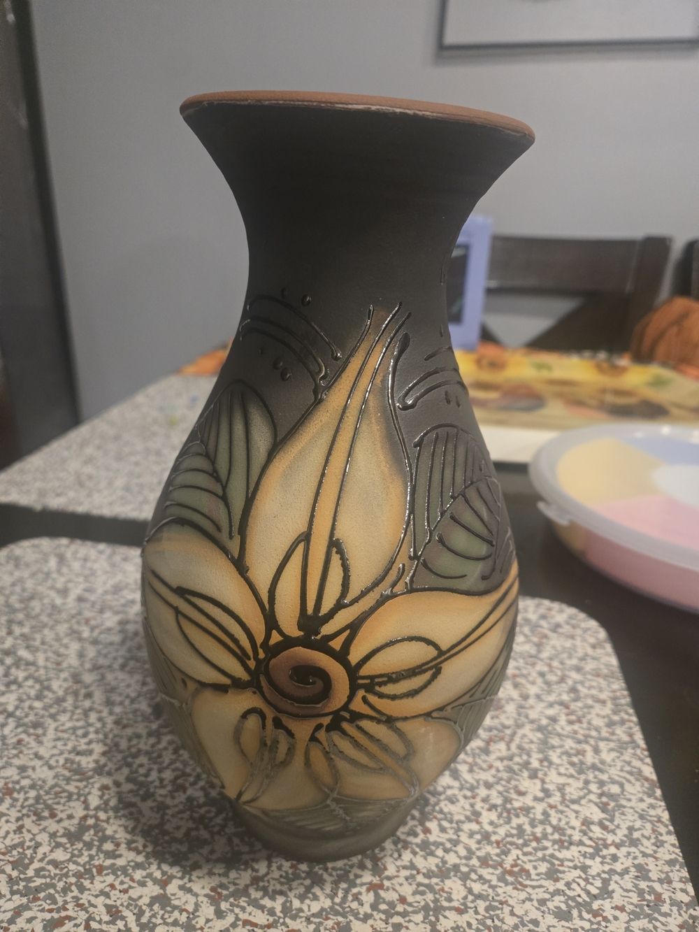 Vintage Hand-Thrown Studio Art Pottery Vase – 10.5" Textured Sgraffito Floral